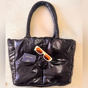 Metallic Puffer Tote. Deep outside zipper pockets